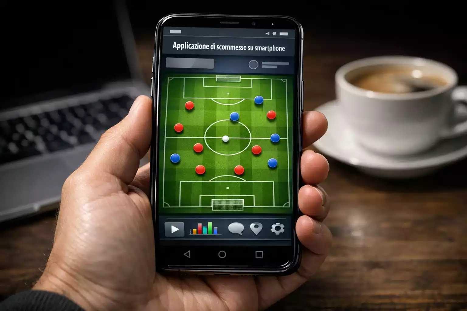 Smartphone che mostra interfaccia app scommesse con partita di calcio in diretta e quote live