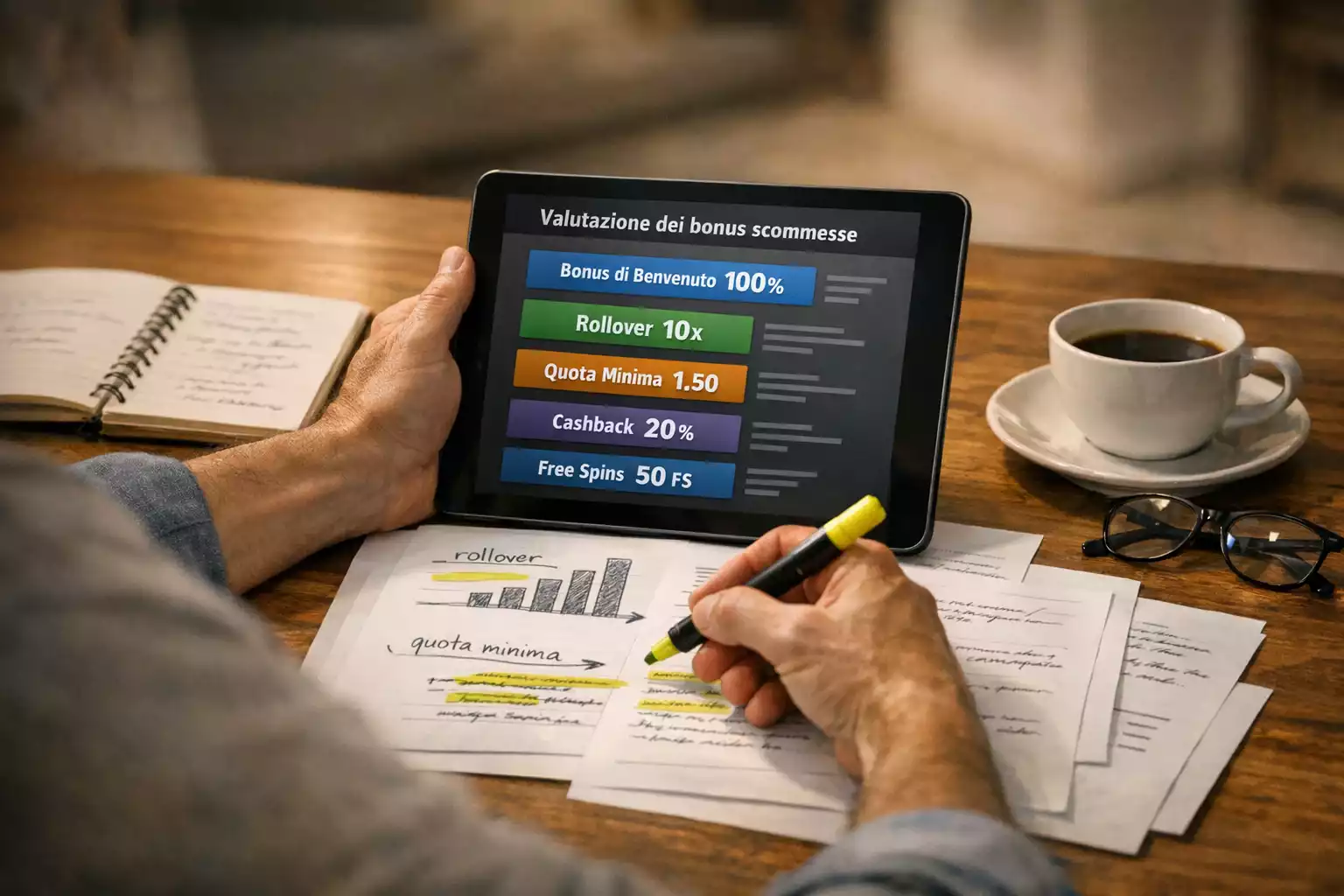 Scommettitore che analizza le condizioni di un bonus su tablet con documenti e appunti