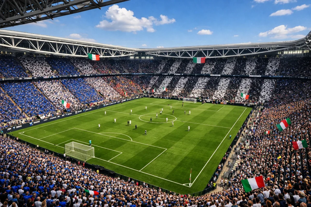 Panoramica di uno stadio di Serie A durante una partita di campionato italiano