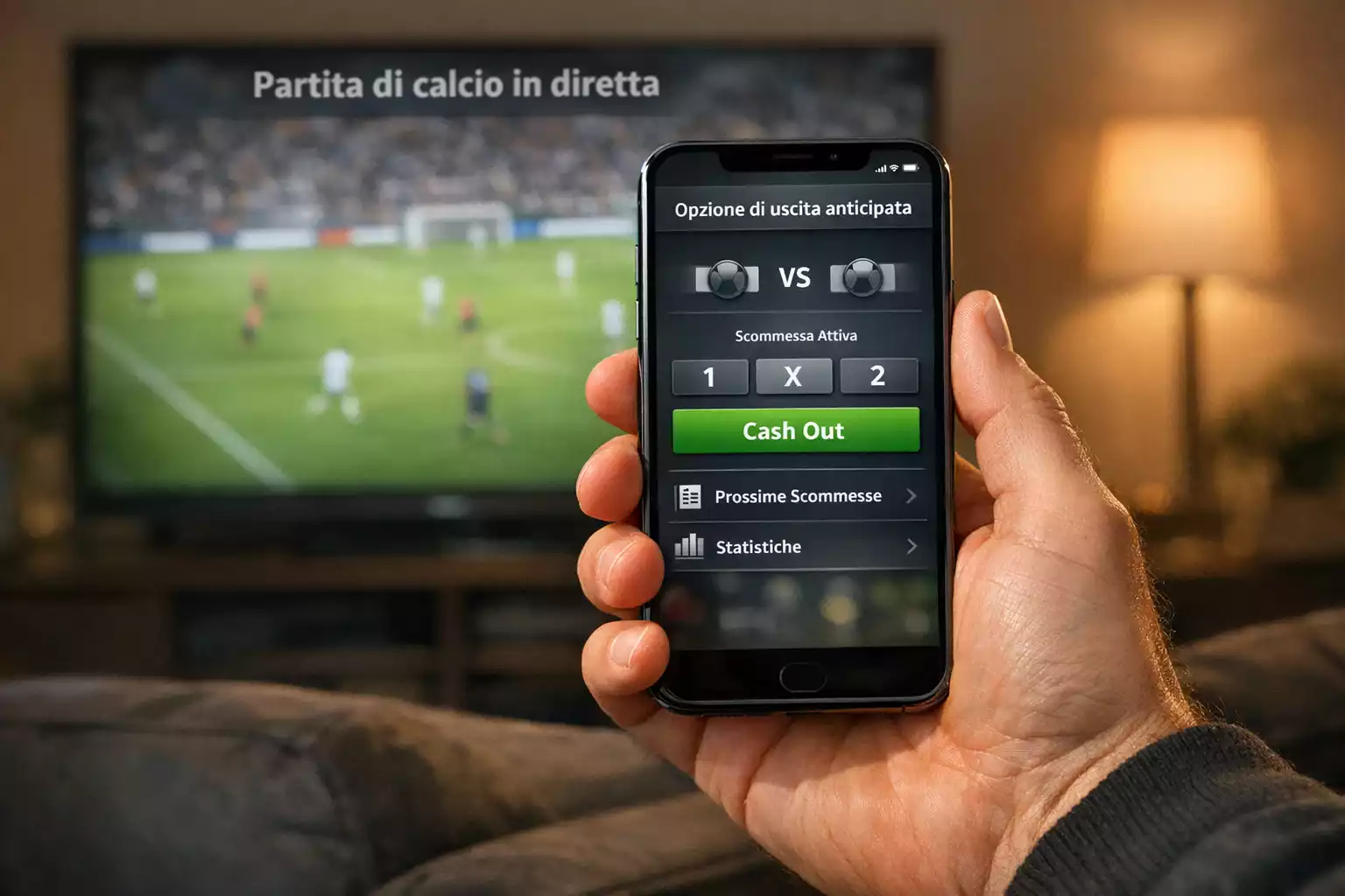 Mano che tocca lo schermo di uno smartphone con un'app di scommesse sportive durante una partita di calcio