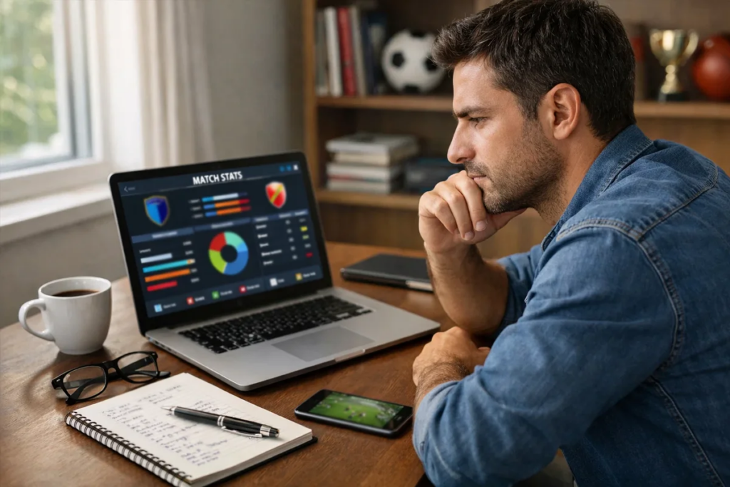 Persona che analizza statistiche di calcio su laptop con appunti e penna