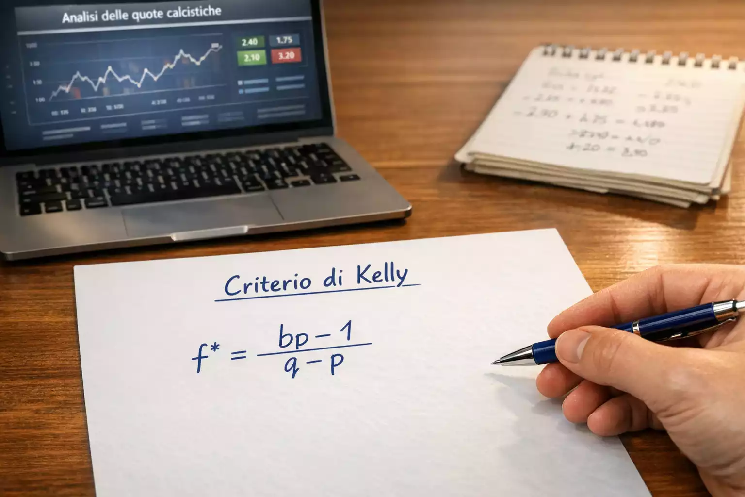 Primo piano di un foglio con la formula di Kelly scritta a mano accanto a un laptop aperto su quote sportive