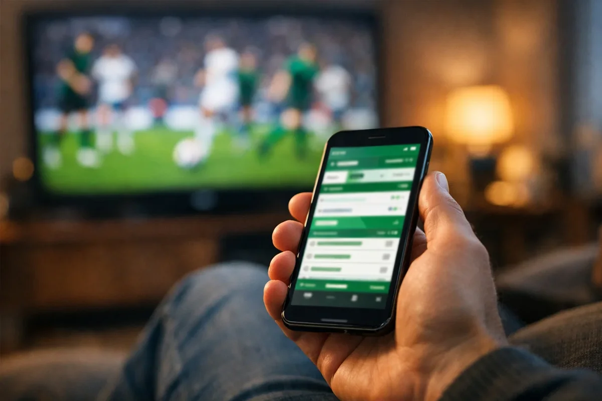 Mano che tiene smartphone con app di scommesse durante partita di calcio