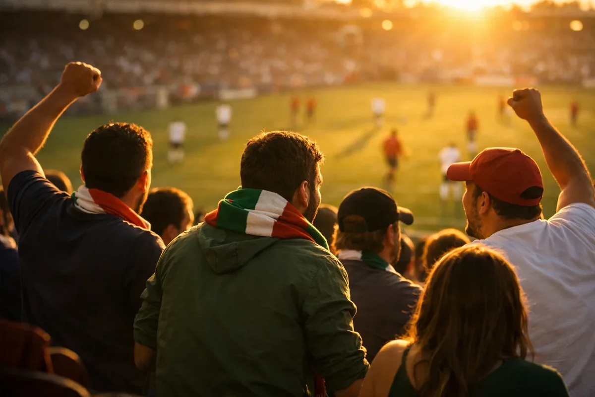Tifosi che guardano una partita di calcio in uno stadio italiano con atmosfera serale