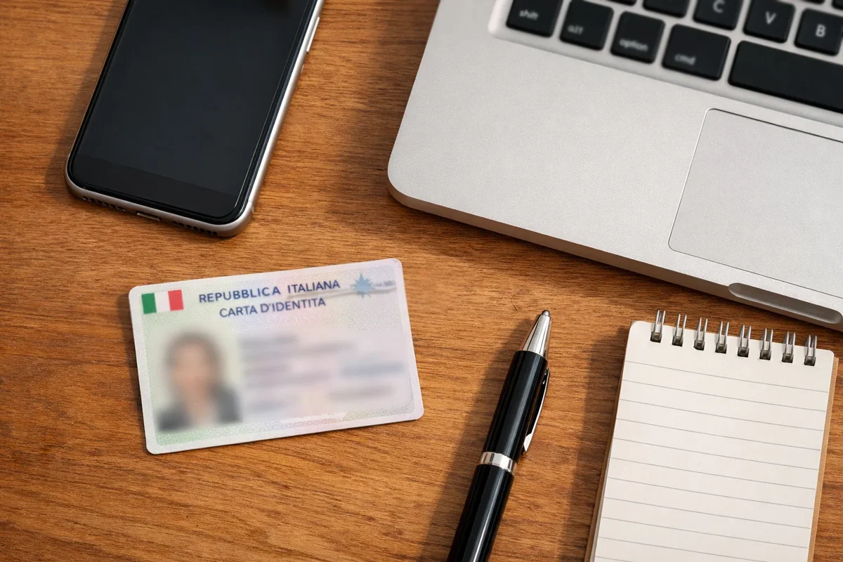 Documento di identità e smartphone su scrivania per verifica account