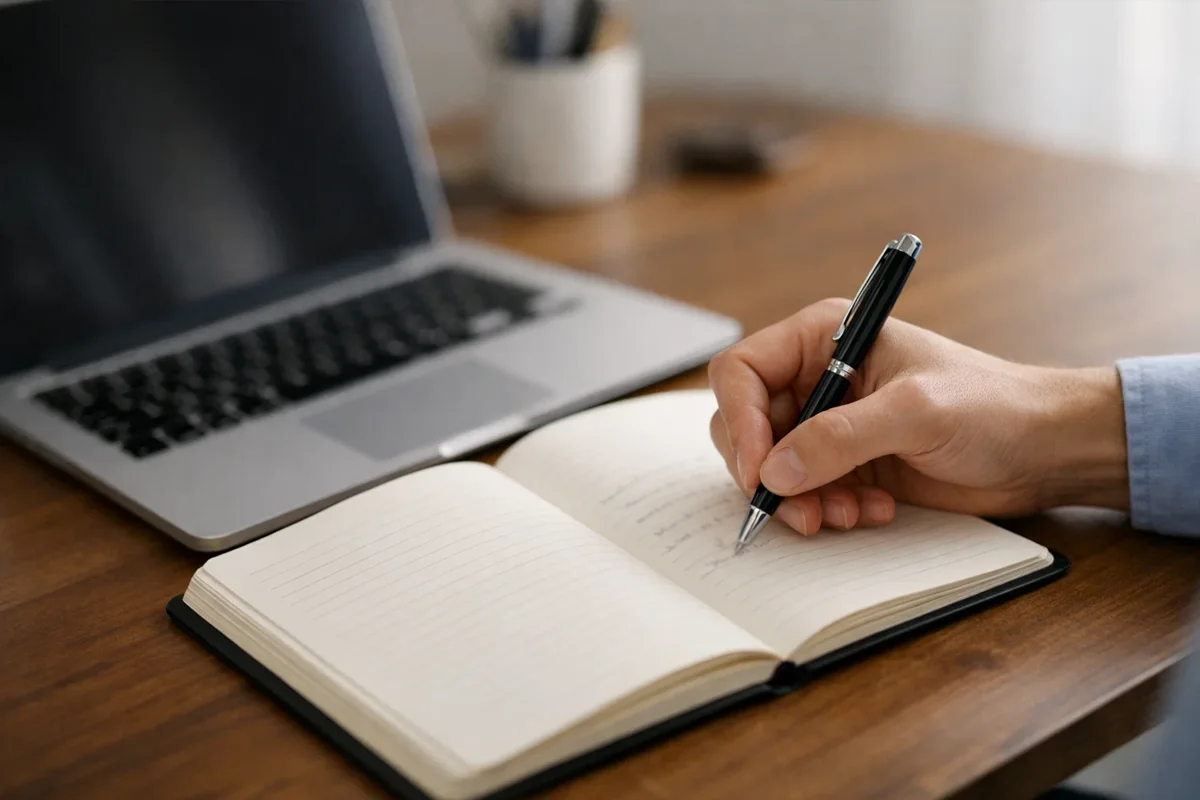 Persona che prende appunti su quaderno con penna accanto al laptop
