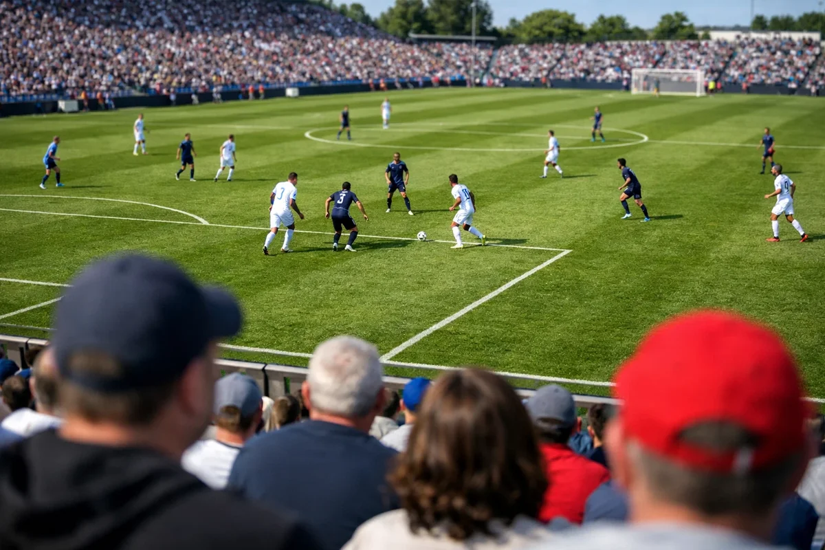 Stadio di calcio con partita in corso visto dalla tribuna