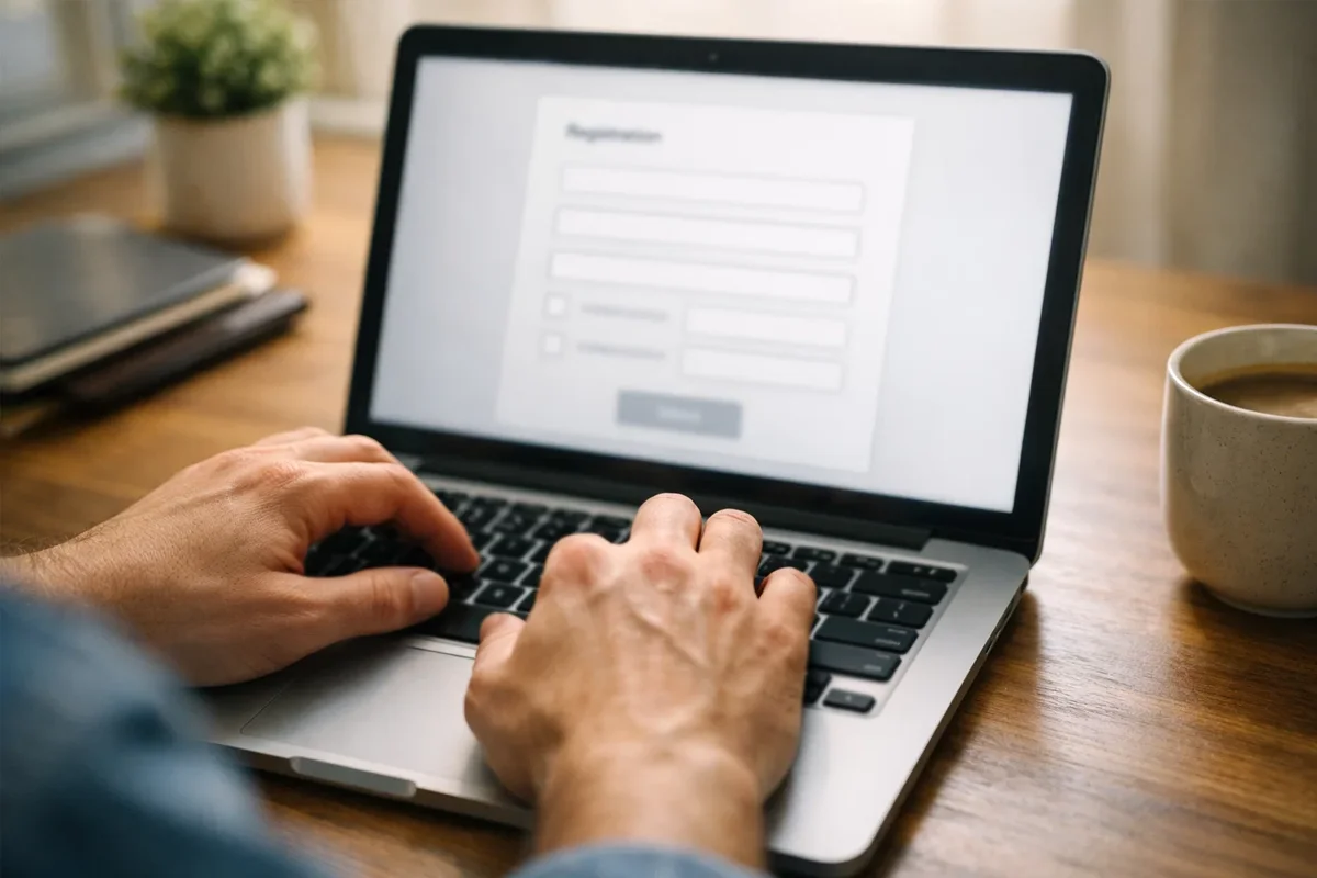 Mani che digitano su laptop con modulo di registrazione sullo schermo