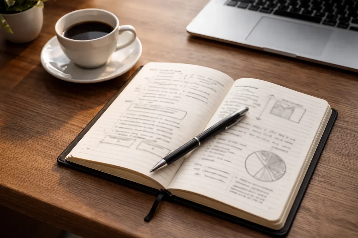 Quaderno aperto con annotazioni e penna su scrivania ordinata