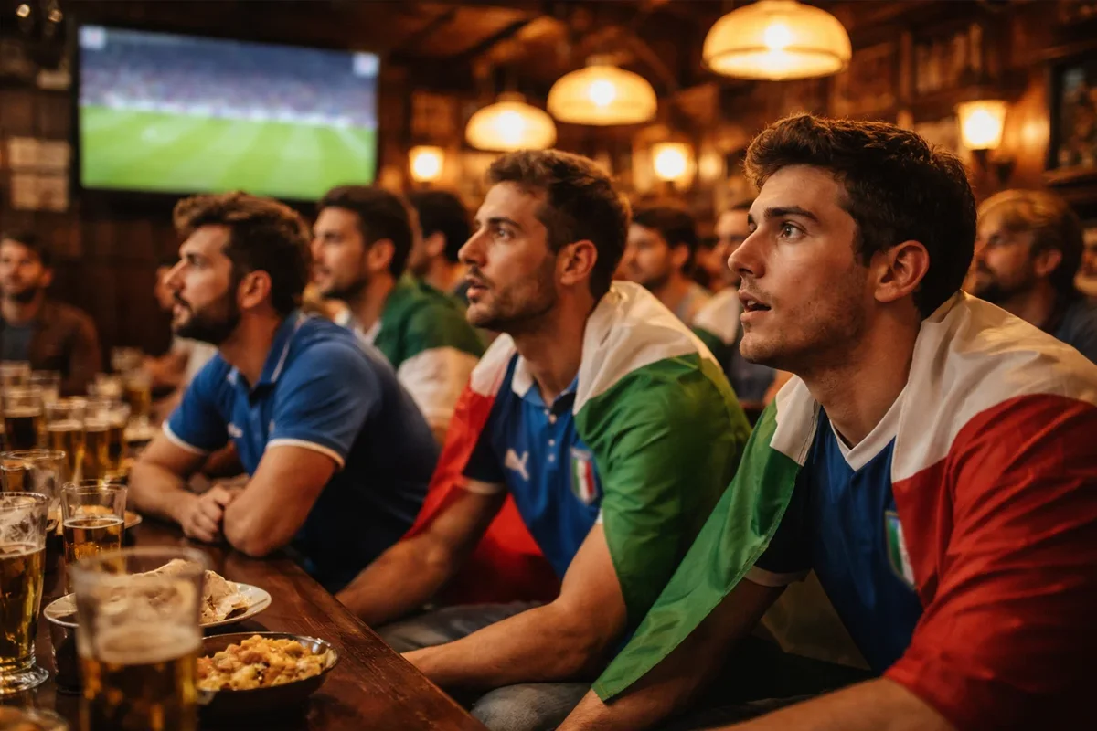 Tifosi concentrati che guardano una partita di calcio sullo schermo in un pub