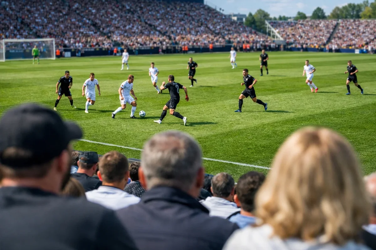 Partita di calcio in corso vista dallo stadio con tifosi sugli spalti