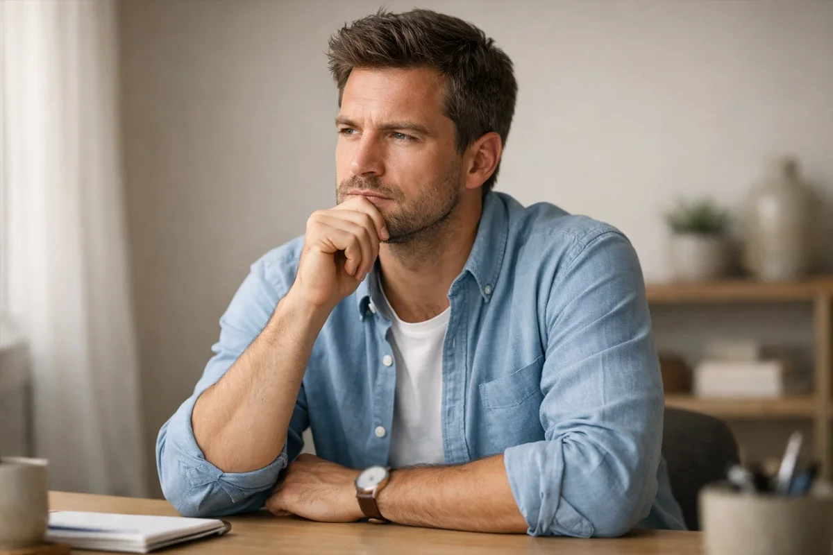 Uomo pensieroso seduto alla scrivania con espressione concentrata