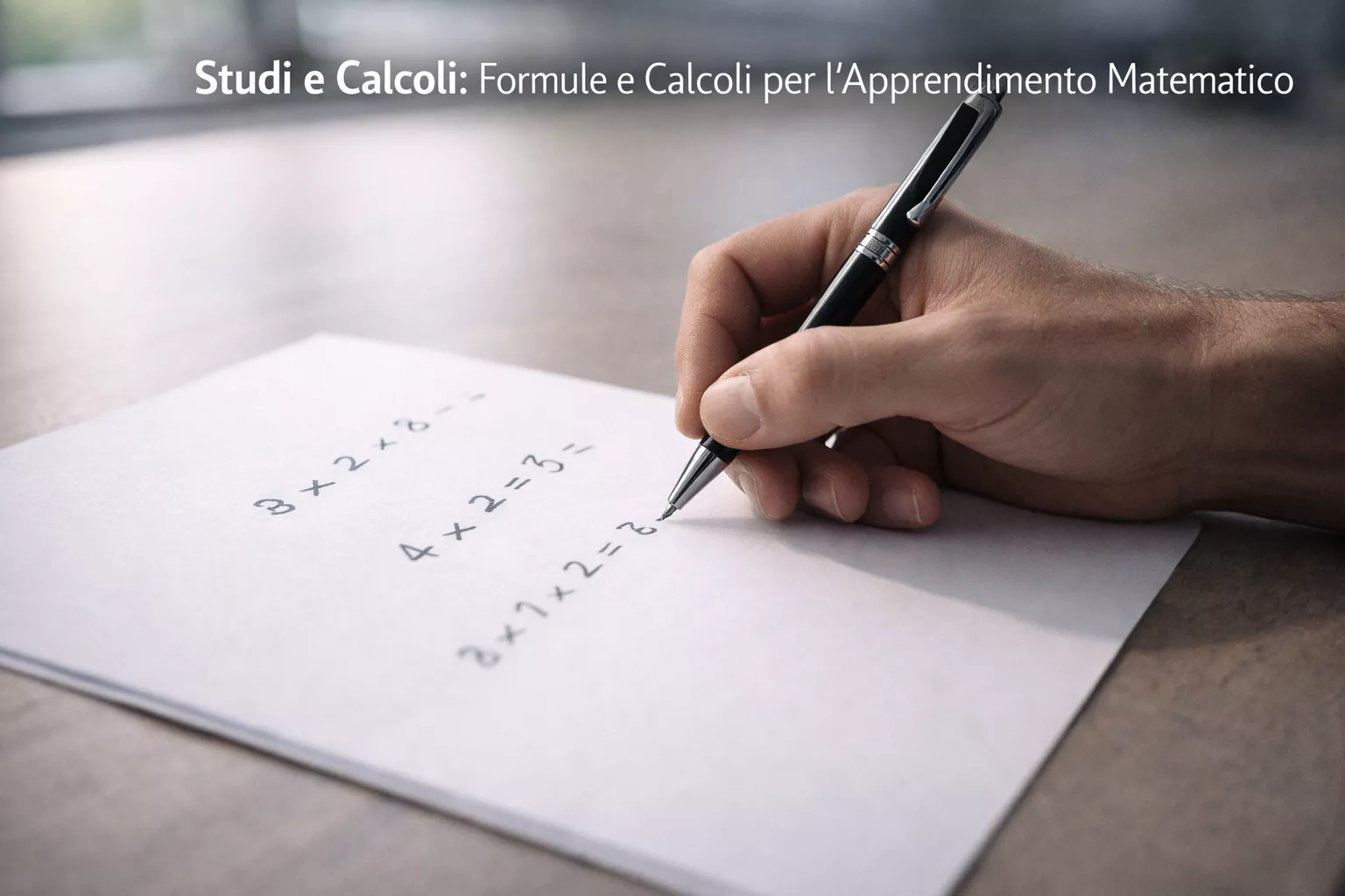 Mano che scrive formule matematiche su foglio bianco con penna
