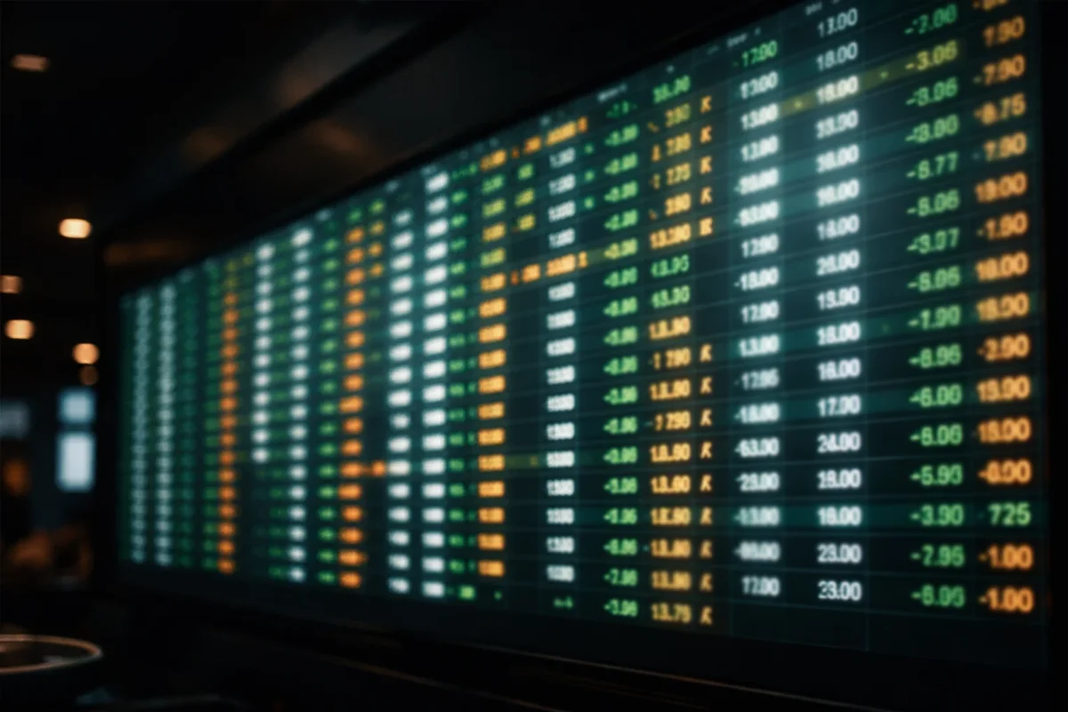 Schermo con quote sportive illuminate in ambiente scuro