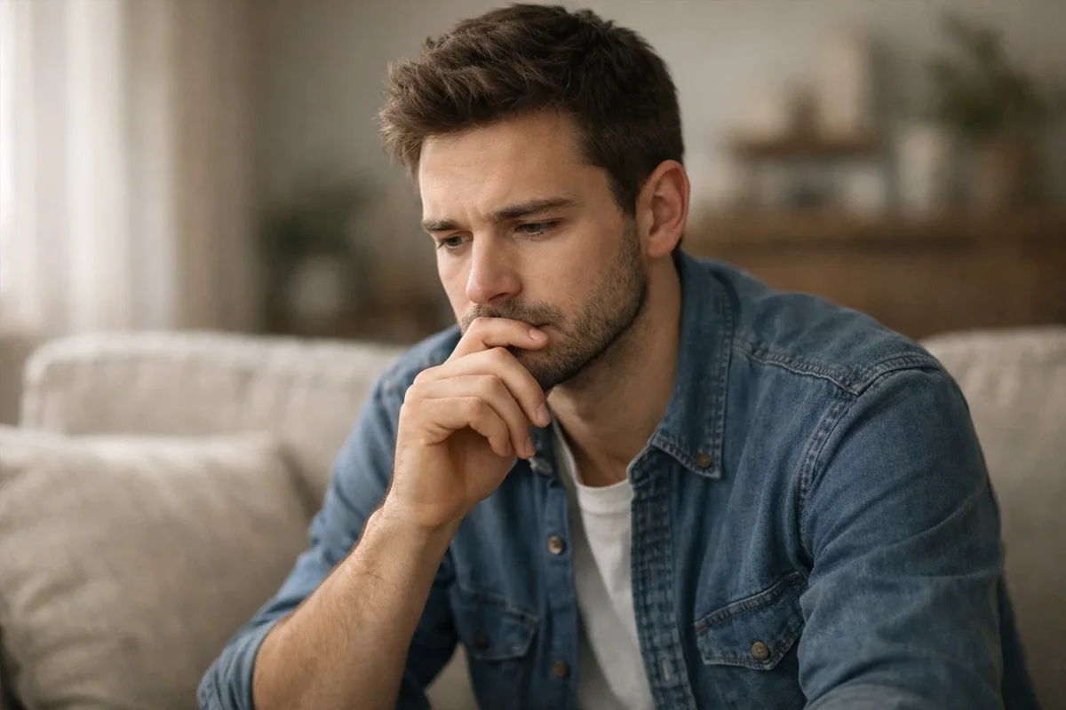 Persona concentrata che riflette prima di prendere una decisione