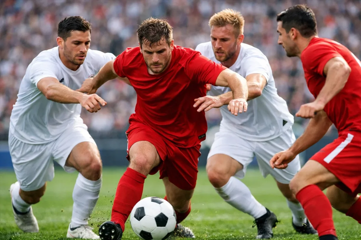 Azione di gioco durante partita di calcio con giocatori in movimento