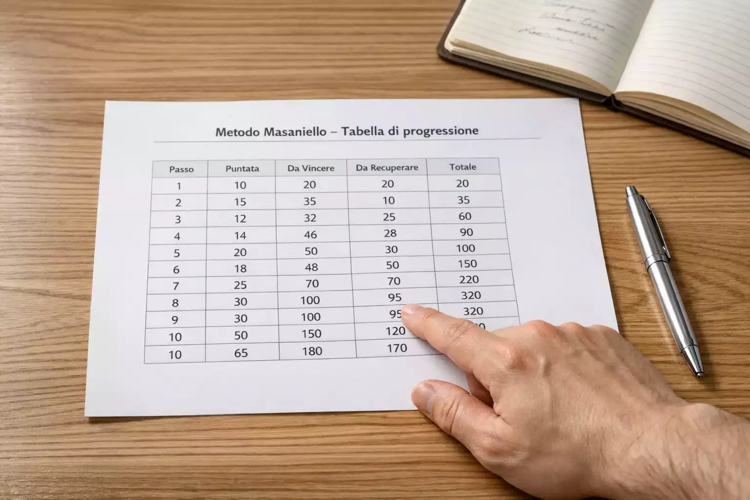 Tabella di puntate stampata su carta con una penna e una calcolatrice da tavolo su una scrivania ordinata