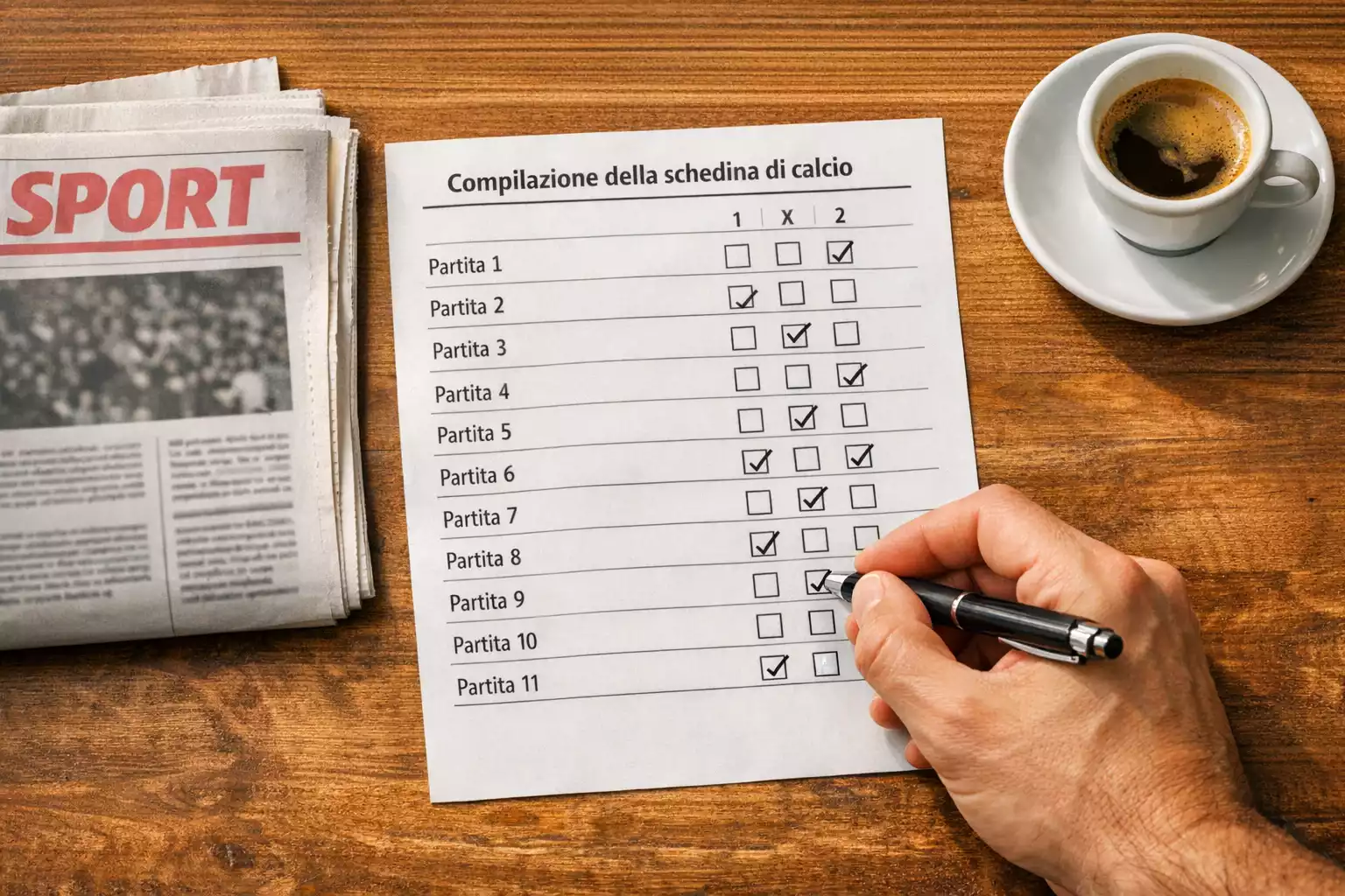 Mano che compila una schedina di scommesse sportive con una penna su un tavolo di legno