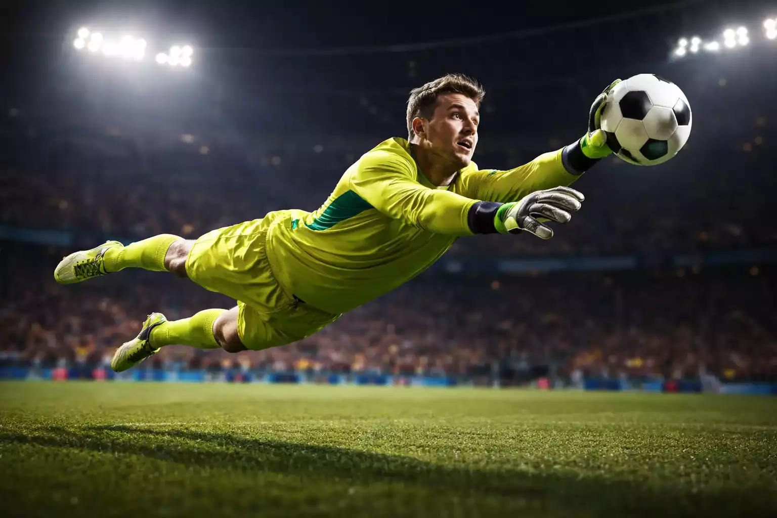 Portiere di calcio che si tuffa per parare un tiro durante una partita