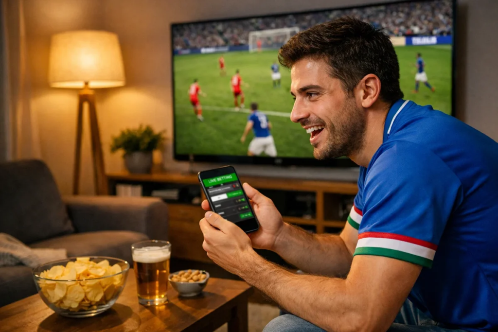 Tifoso che guarda partita di calcio in televisione con smartphone in mano