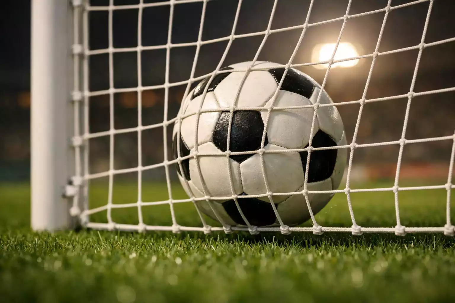 Pallone da calcio nella rete della porta dopo un gol su campo in erba