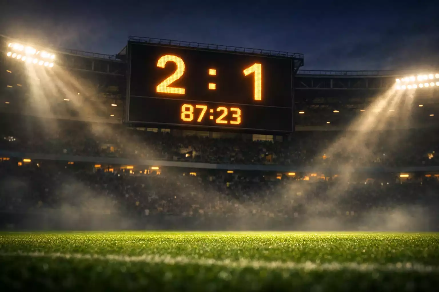 Tabellone segnapunti di una partita di calcio su un campo in erba con illuminazione serale