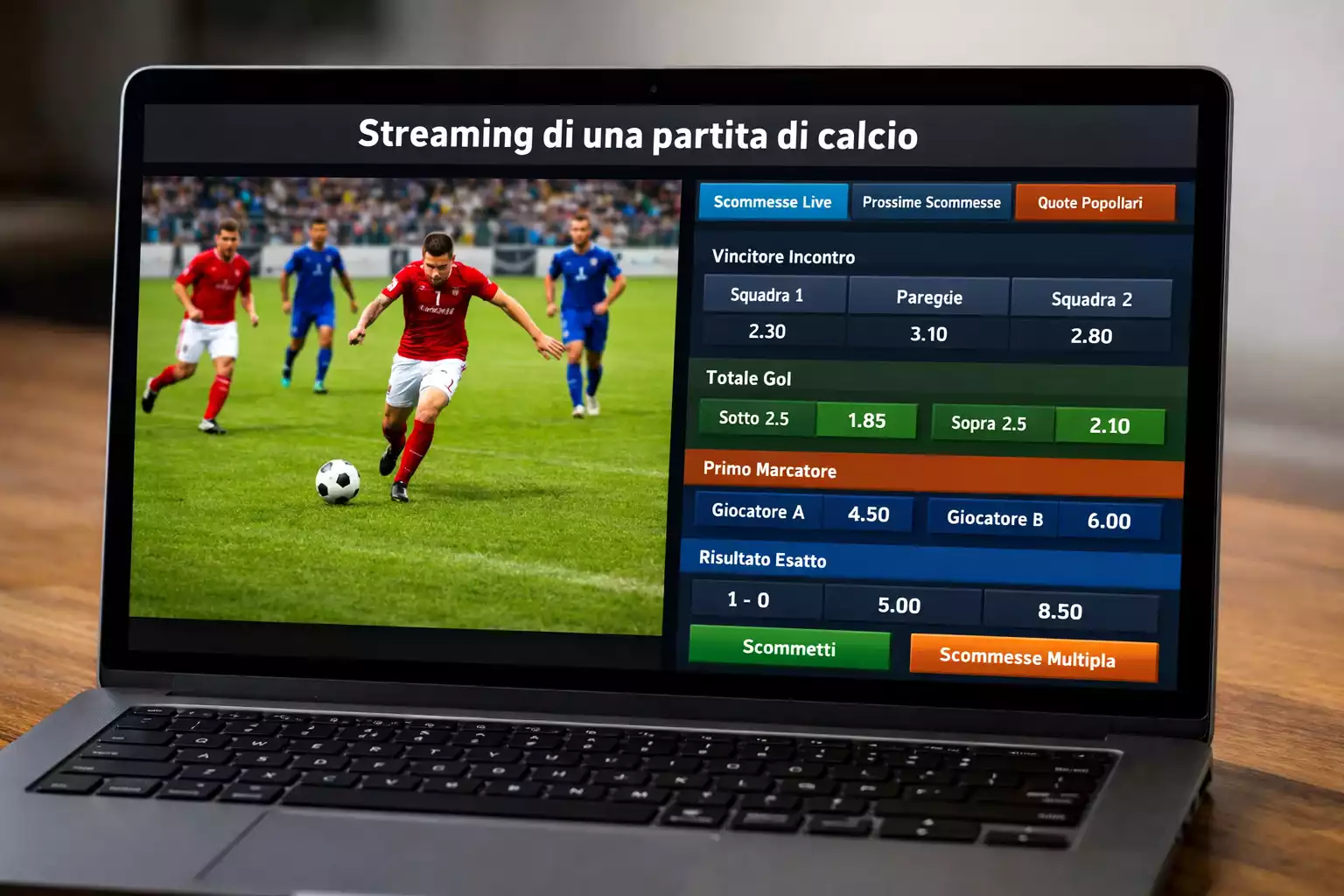 Schermo con partita di calcio in streaming e quote live integrate sulla stessa interfaccia