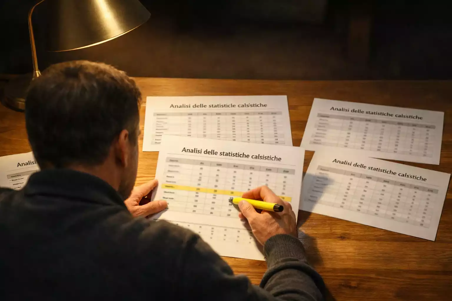 Analista sportivo che studia statistiche di calcio su documenti a una scrivania illuminata